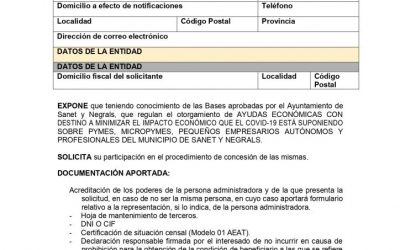 AYUDAS PARA MINIMIZAR EL IMPACTO COVID-19 SOBRE PYMES, MICROPYMES, PEQUEÑOS EMPRESARIOS AUTÓNOMOS Y PROFESIONALES DEL MUNIICPIO DE SANET Y NEGRALS.