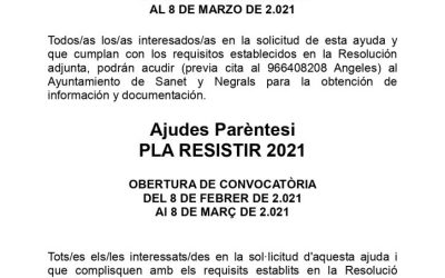 AJUDES PARÈNTESI. PLA RESISTIR 2021
